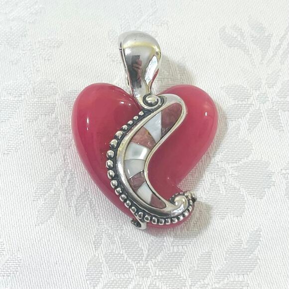 CAROLYN POLLACK Sterling Silver Rhodonite Heart Pendant Enhancer Pink 925 Relios - Picture 1 of 10